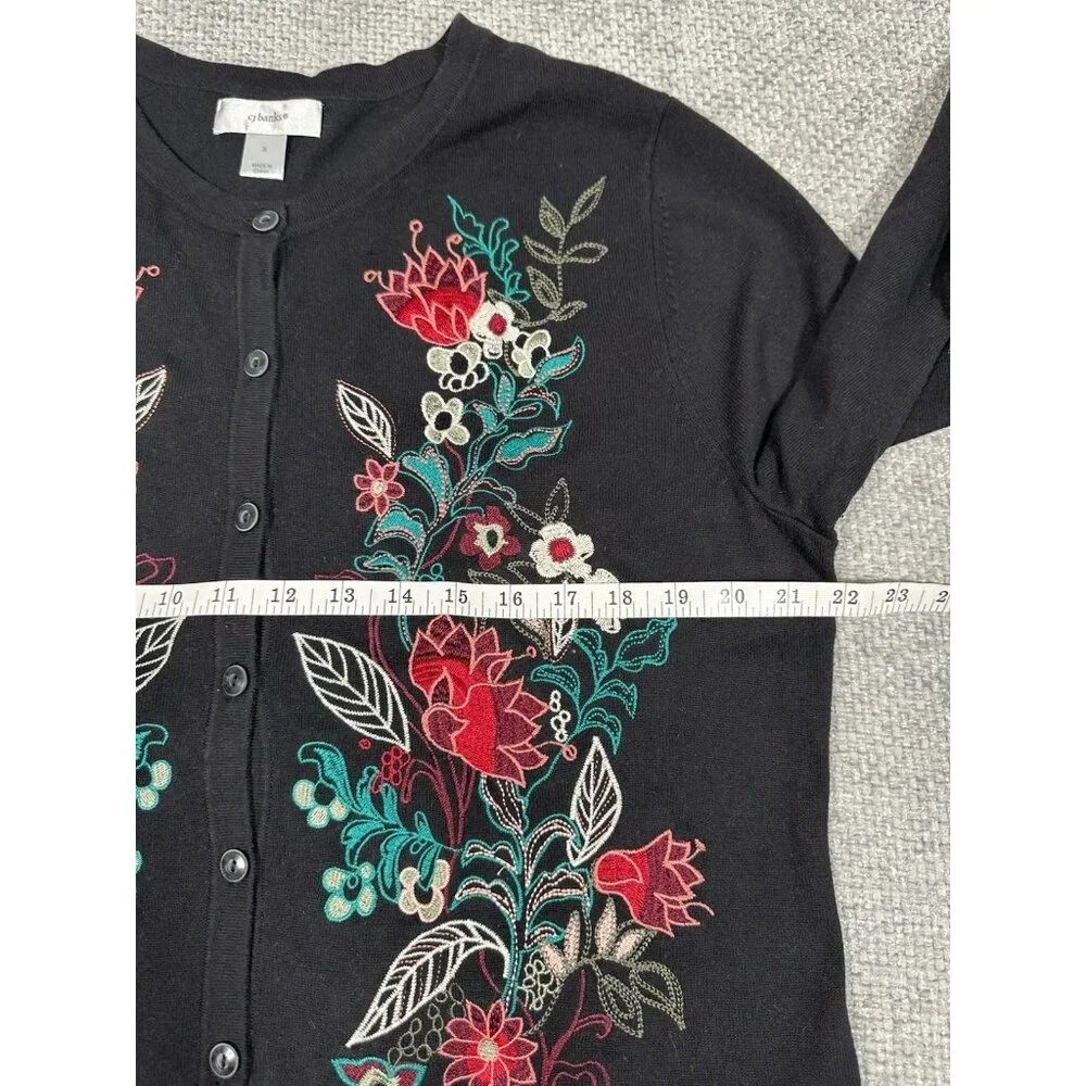 CJ Banks Sweater Womens X Black Cardigan Embroidered Floral 3/4 Sleeve‎